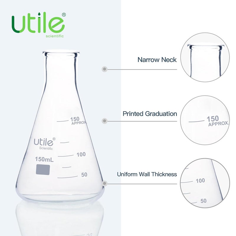 UTILE Erlenmeyer Glass Flask, 6pcs 150ml Glass Erlenmeyer Flask Set, Borosilicate 3.3 Glass Conical Flasks for Laboratory with Printed Graduation,4016.0150.6 - Image 4